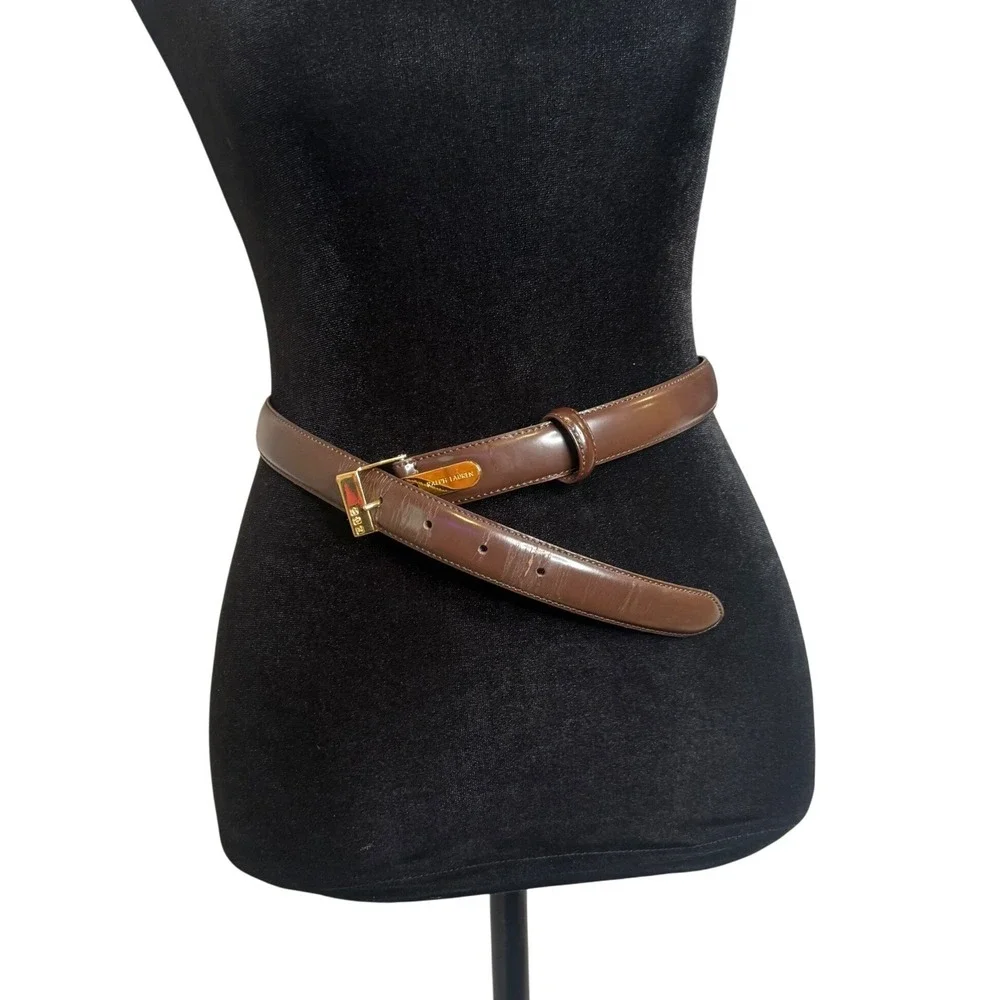 Ralph Lauren Equestrain Skinny Leather Belt Womens S Brown Gold Made in Italy